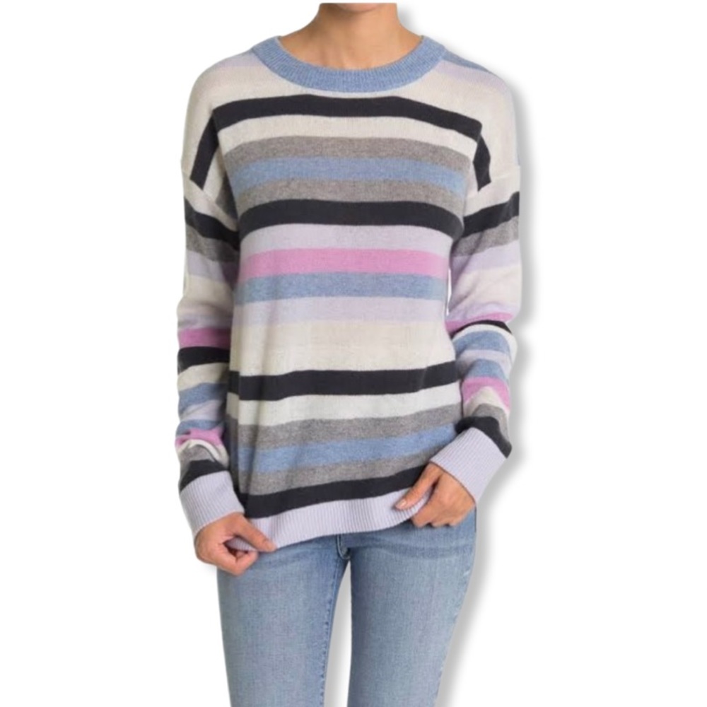 Cashmere Sweater, Long Sleeve Crewneck, Multi-color Stripes, Ribbed Collar Cuffs